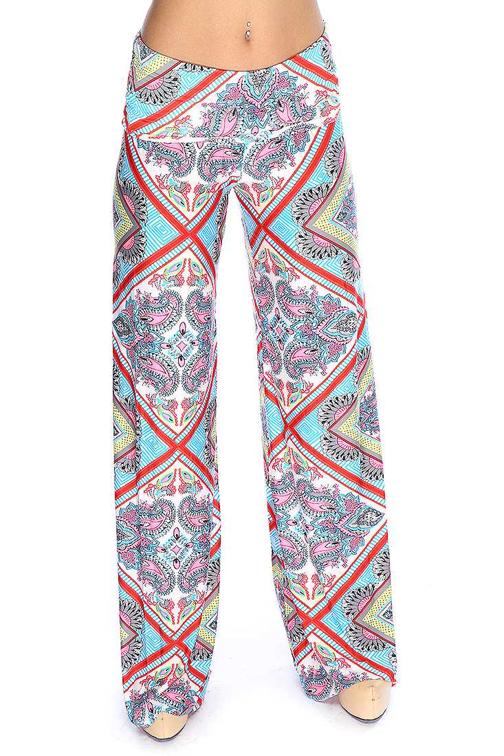Neon Pink Blue Paisley Print Wide Leg Causal Pants