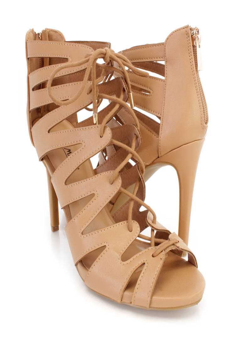 Natural Strappy Lace Up Single Sole Ankle Booties Faux Leather