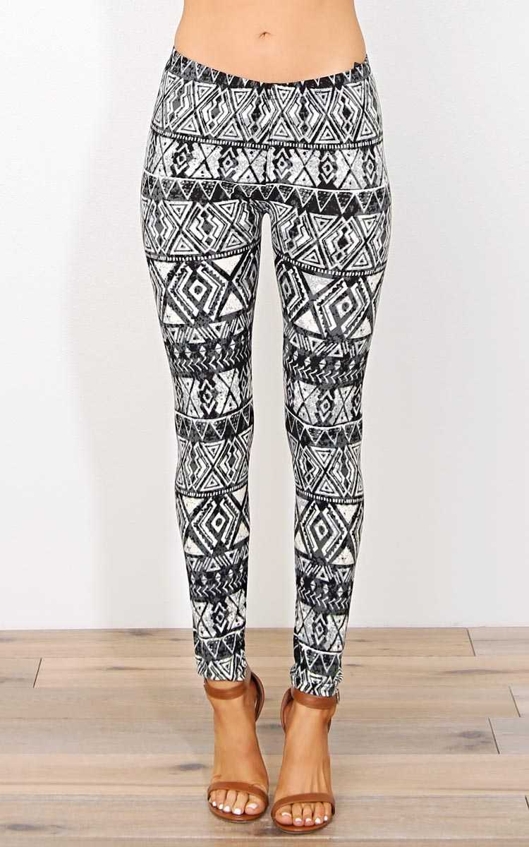 Watercolor Aztec Soft Knit Leggings - N/S - Black/White by Styles For Less