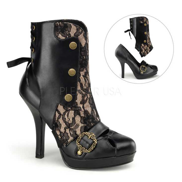 Black Cream Faux Leather Lace Ankle Booties