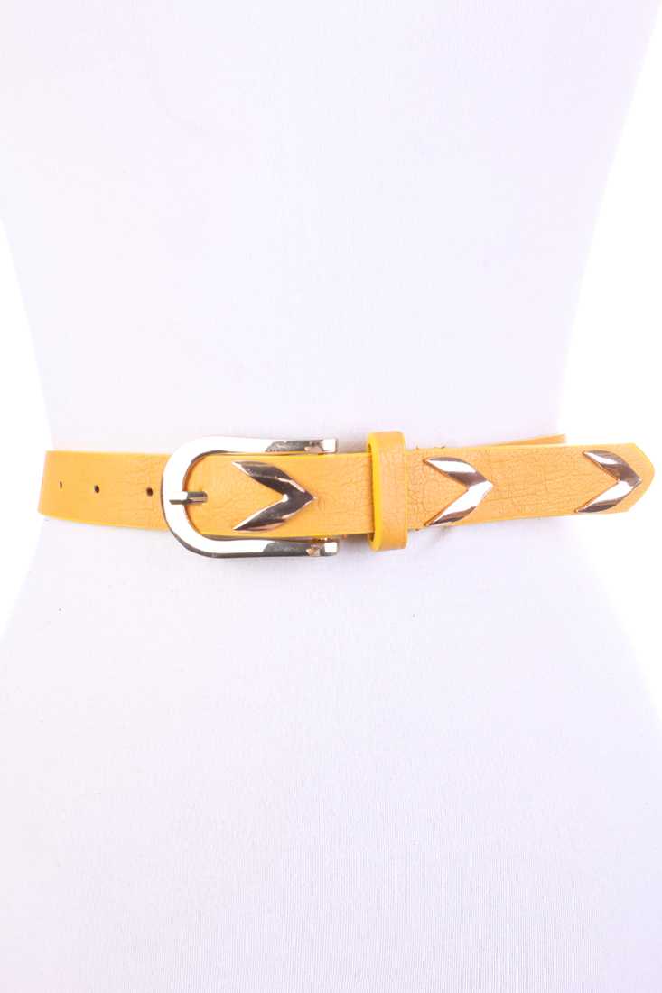 Mustard Faux Leather High Polish Arrow Pattern Accent Belt