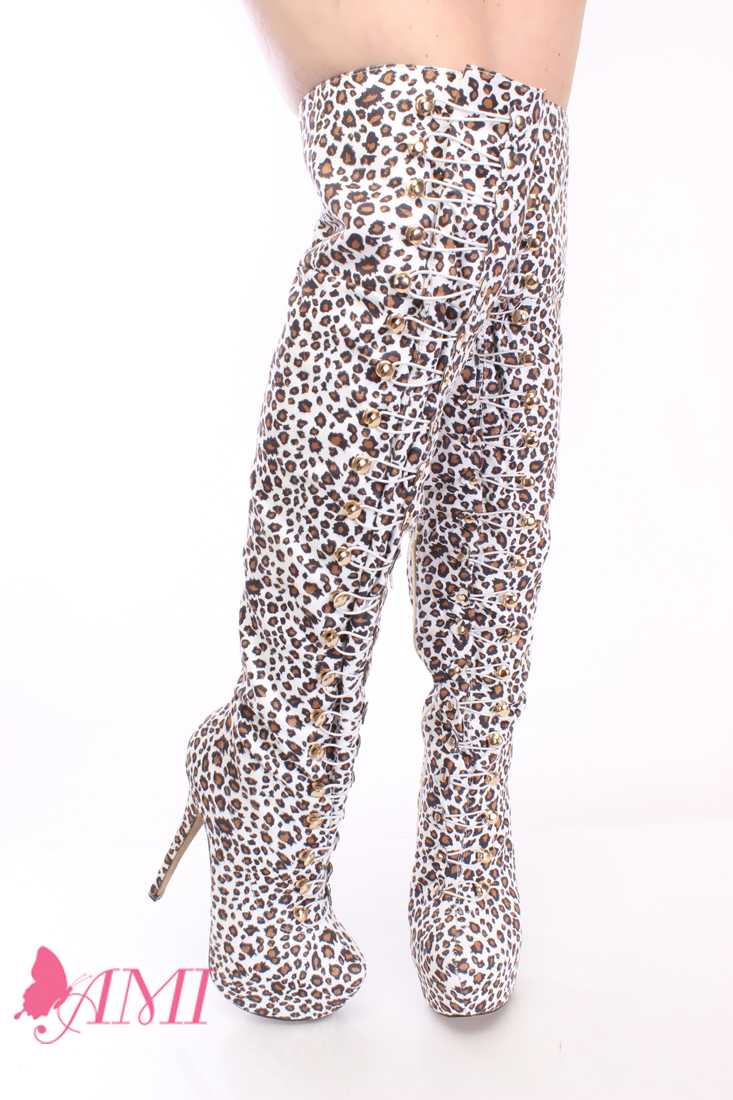 White Leopard Looped Thigh High Platform Boots Faux Suede