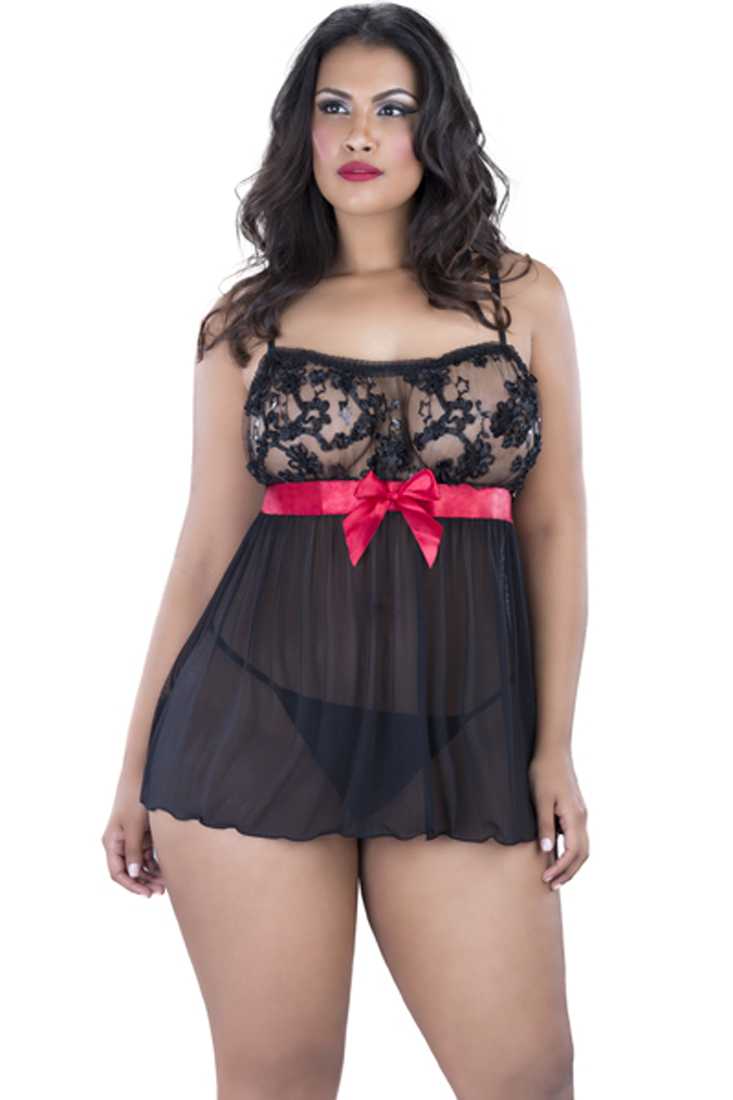 Black Red Satin Ribbon Bow Accent Sexy Plus Size Baby Doll Lingerie