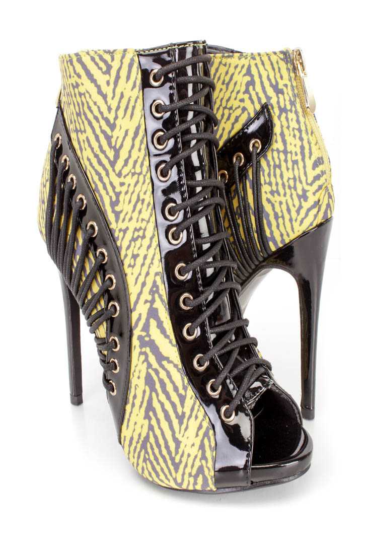 Black Two Tone Printed Ankle Booties Fabric