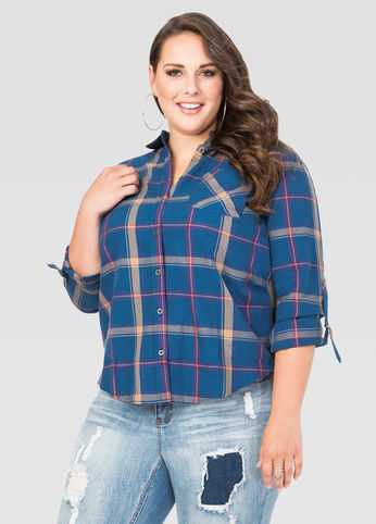 Rolled Sleeve Plaid Hi-Lo Shirt