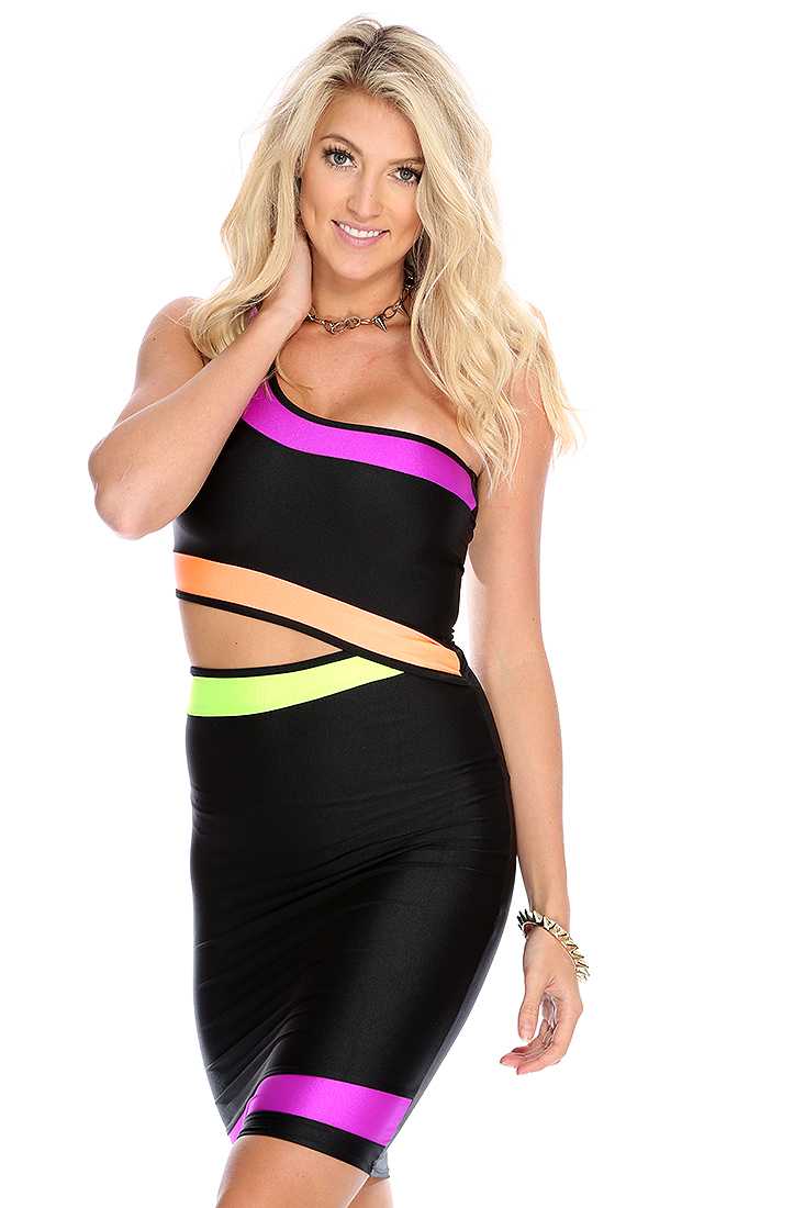 Black Multi Color-Block One Shoulder Sexy Dress