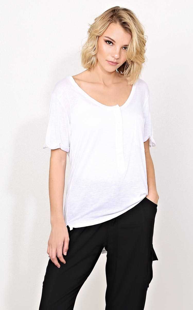White Knit Henley Pocket Tee - - Ivry/Natrl in Size by Styles For Less