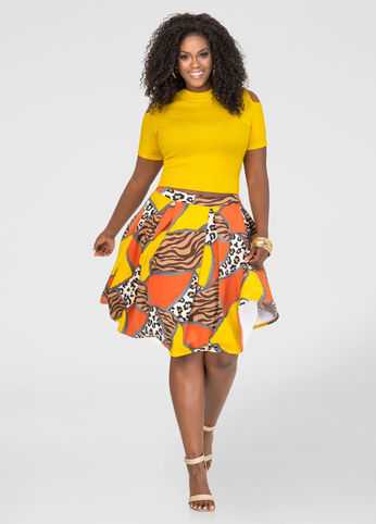 Mixed Print Box Pleat Skirt