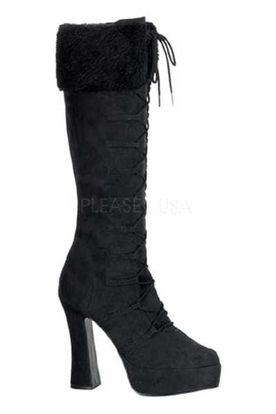 Black Microfiber Lace Up Fur Cuff Boots
