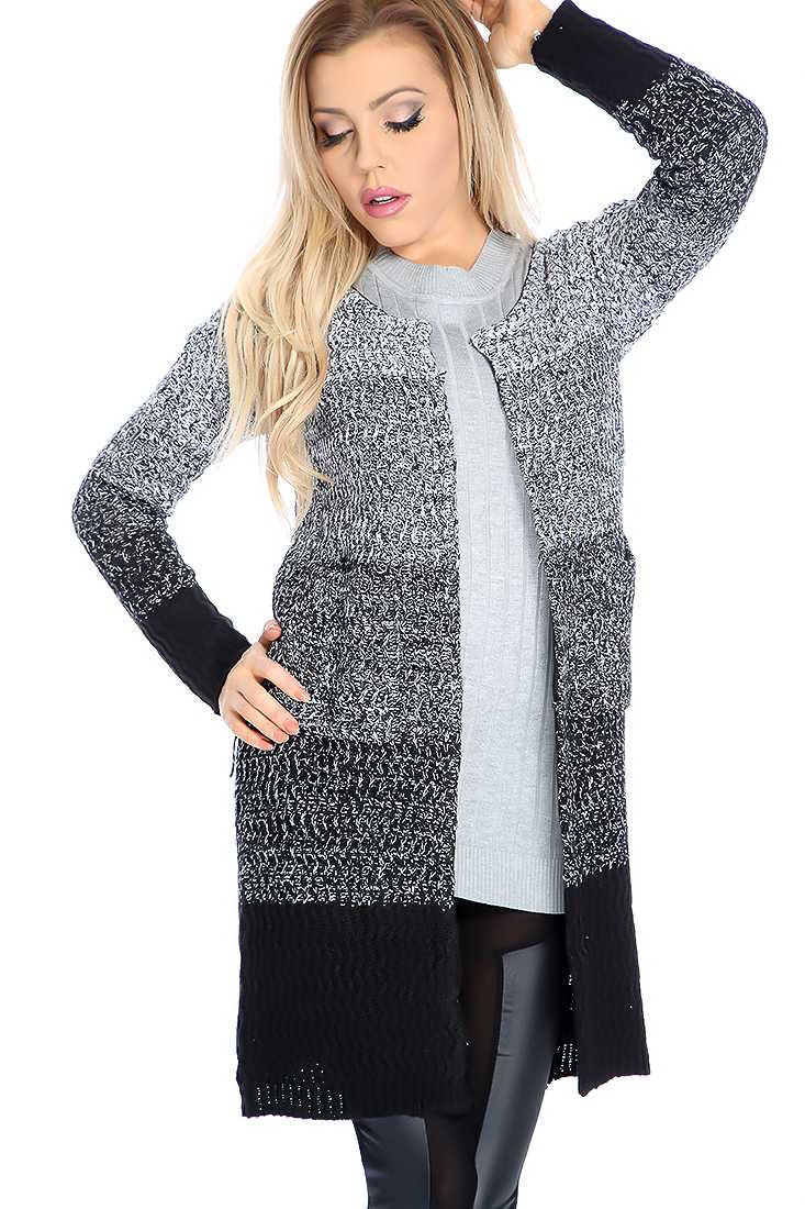 White Black Gradient Knit Long Sleeve Open Front Cardigan