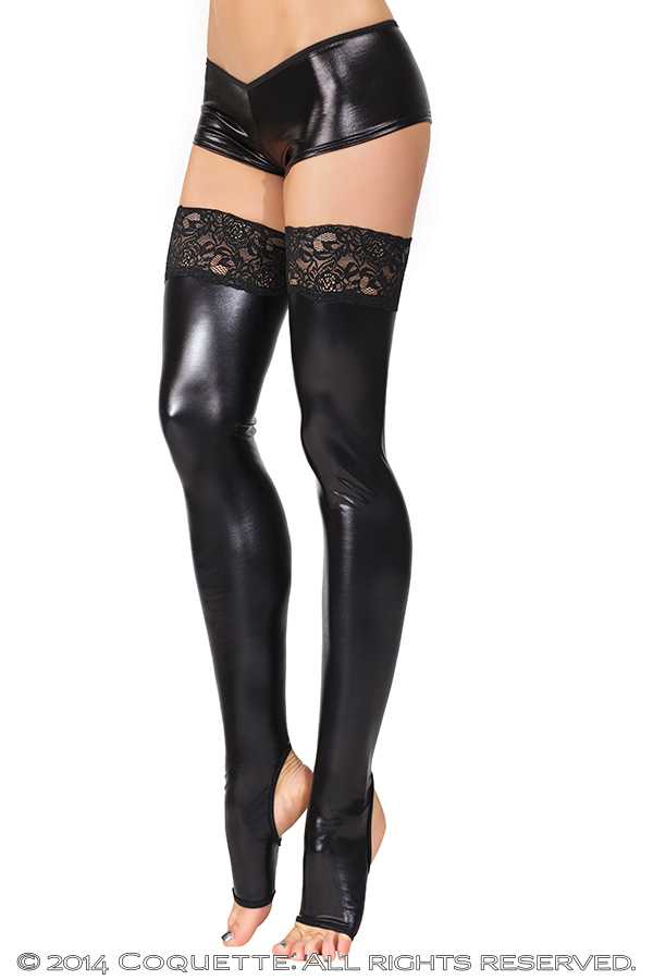 Black Wet Look Lace Silicone Grip Stockings