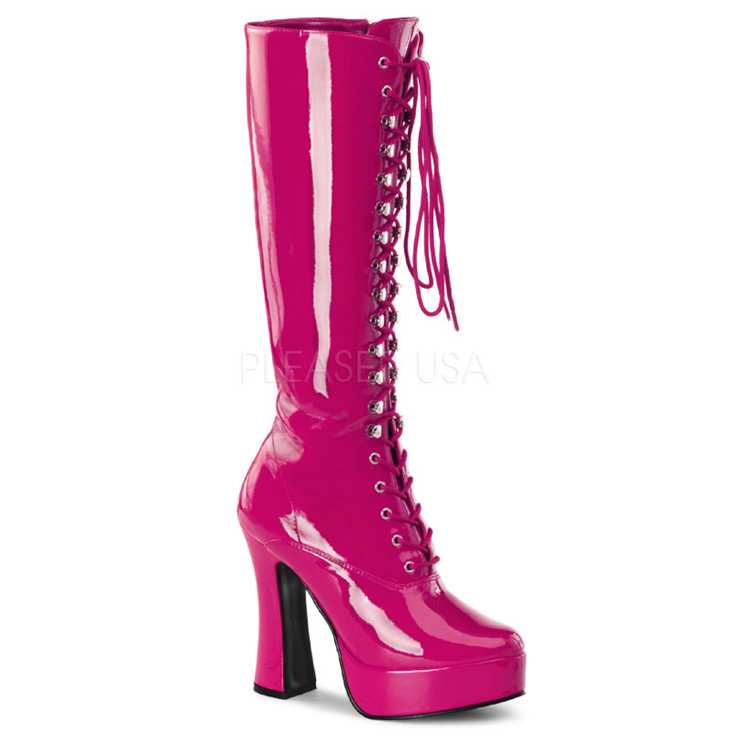 Hot Pink Lace Up Knee High Platform Boots Patent