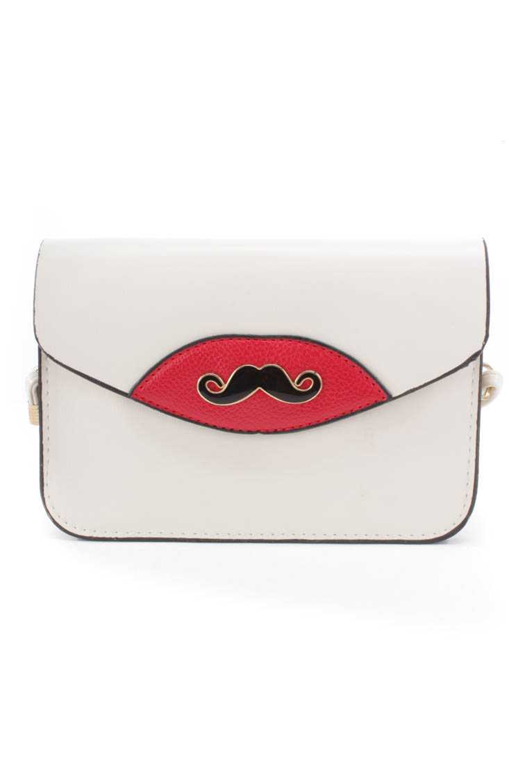 Cream Mustache Pendant Faux Leather Clutch