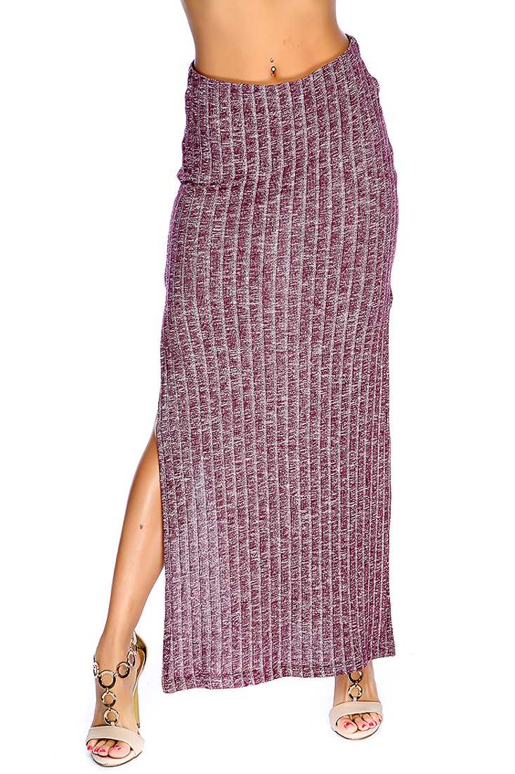 Wine Double Side Slit Ribbed Casual Maxi Skirt
