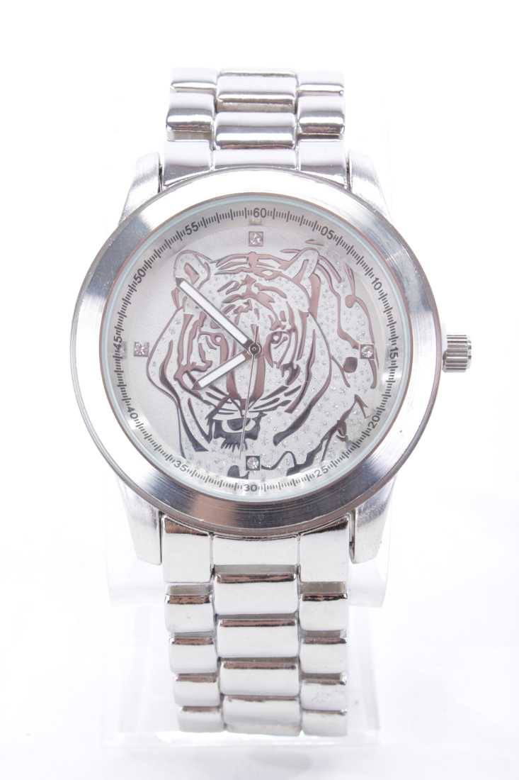 Silver Shimmer Animal Face High Polish Metal Round Face Watch