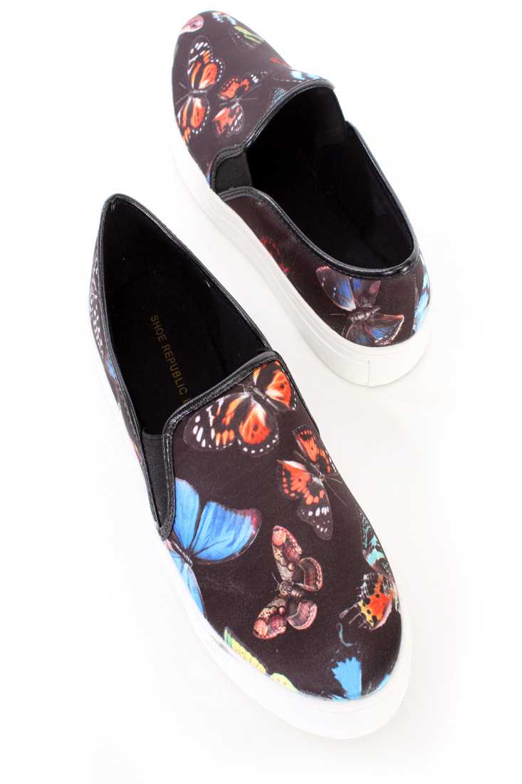 Black Butterfly Pattern Loafer Sneakers Satin