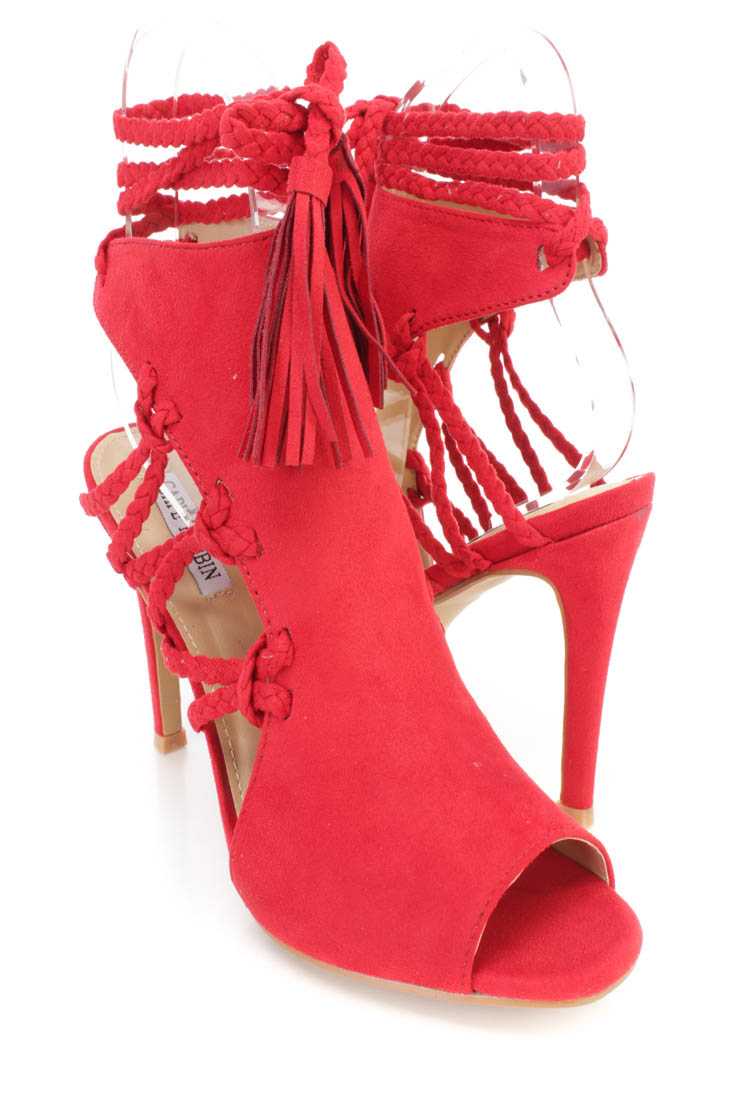 Red Wrap Around Braided Strappy Single Sole High Heels Faux Suede