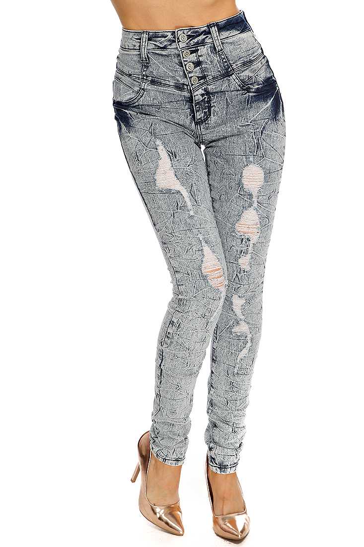 Acid Wash High Waist Distressed Skinny Jeans