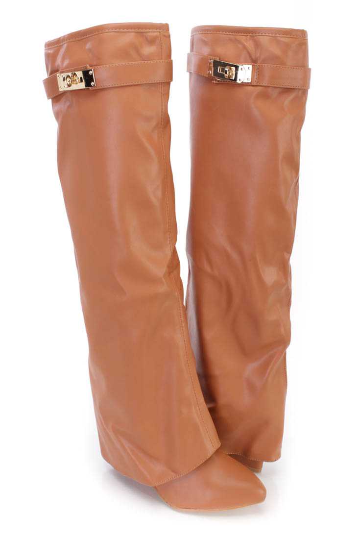 Camel Pointed Toe Knee High Wedge Boots Faux Leather