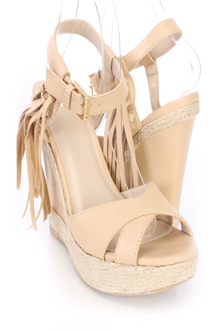 Natural Tassel Cross Strap Espadrille Wedges Faux Leather
