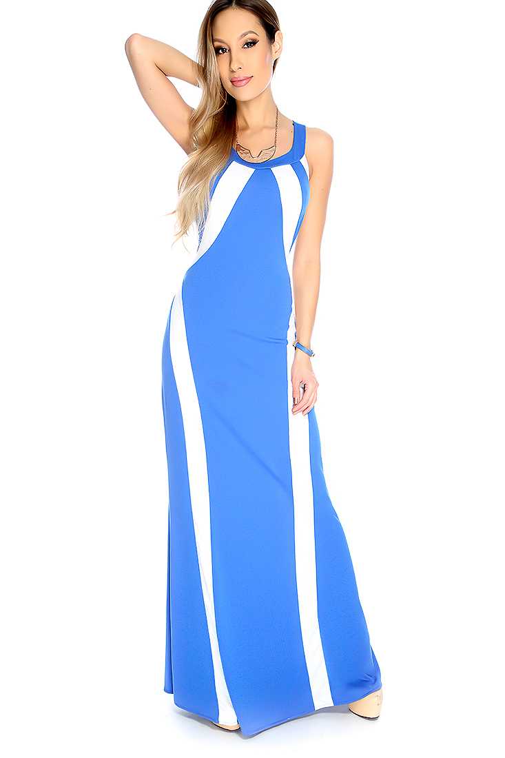 Sexy Royal Blue Two Tone Racer Back Sleeveless Maxi Dress