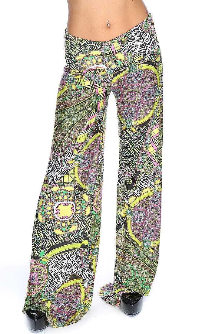 Chartreuse Pink Paisley Print Wide Leg Casual Cute Pants