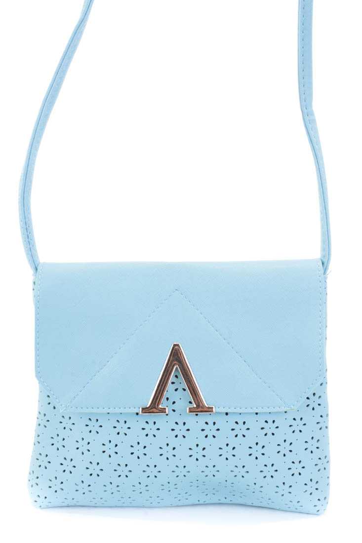 Sky Blue Perforated Faux Leather Crossbody Handbag