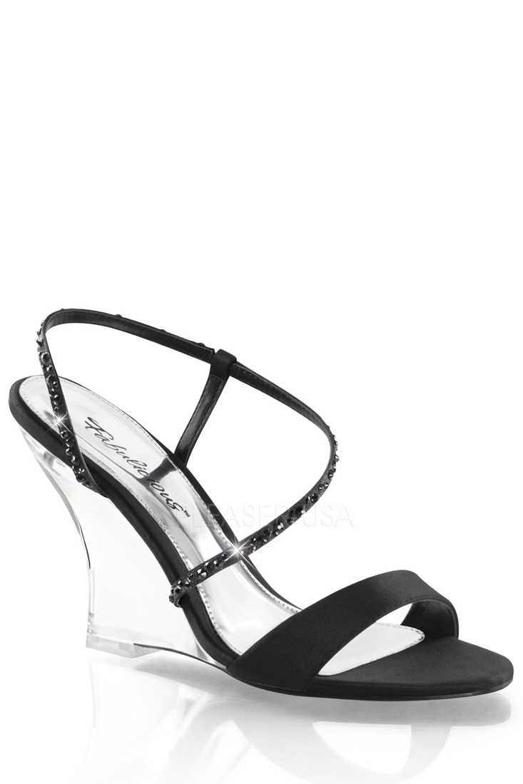 Black Rhinestone Strappy Single Sole Wedges Satin