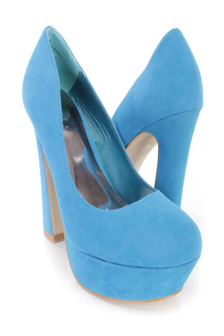 Blue Platform Pump High Heels Faux Suede