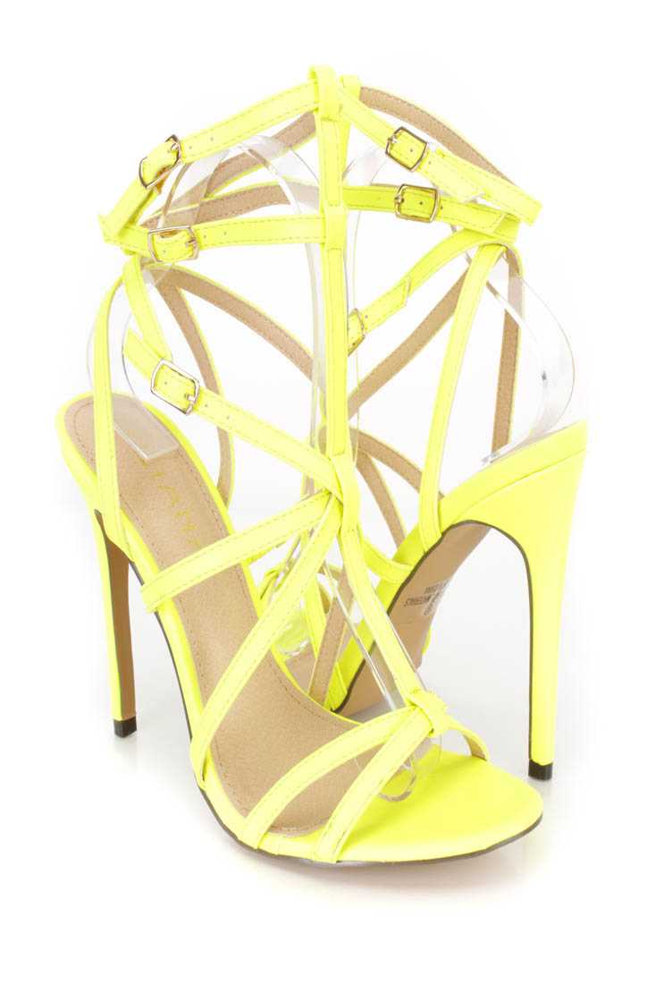 Neon Yellow Strappy Single Sole High Heels Faux Leather