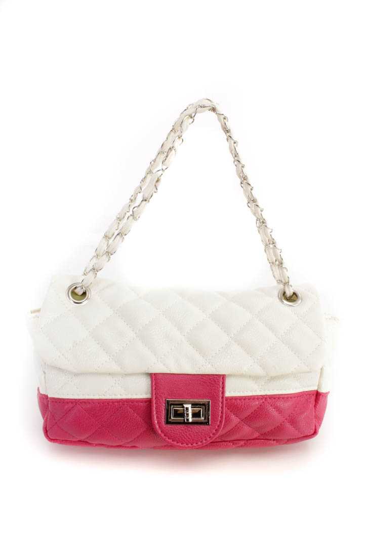 White Fuchsia Faux Leather Quilted Handbag