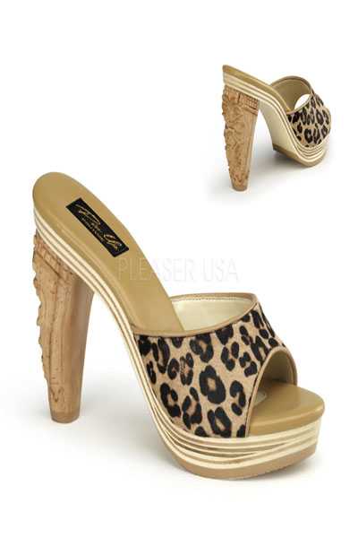 Tan Leopard Print Pony Hair Slip On Carved Tiki Heels