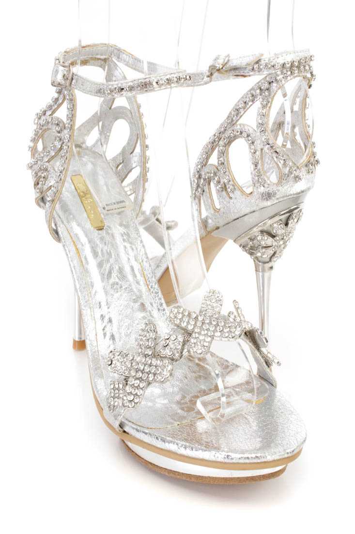 Silver Rhinestone Open Toe Sandal High Heels Faux Leather
