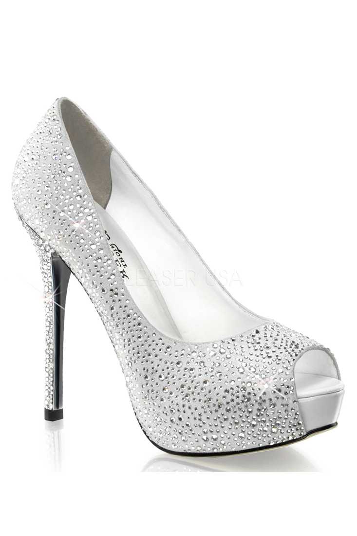 White Rhinestone Peep Toe Pump Heels Faux Suede