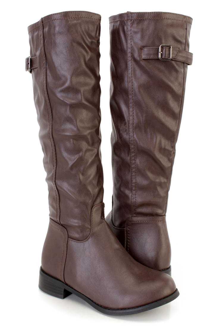 Brown Knee High Riding Boots Faux Leather
