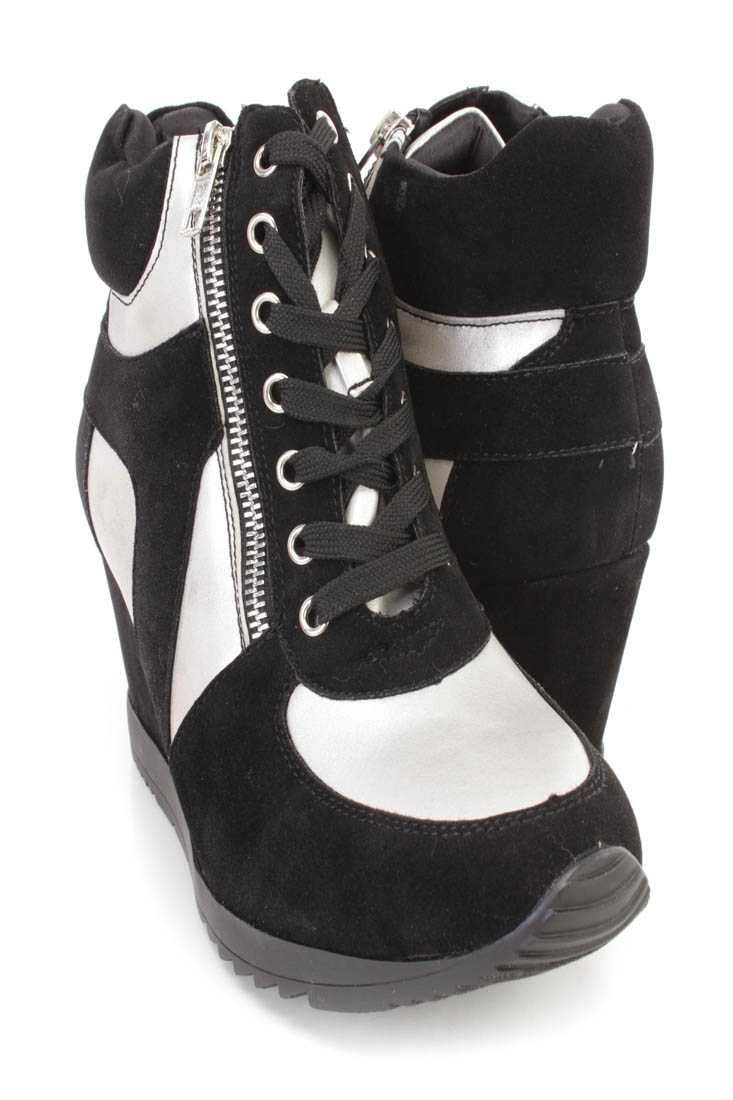 Black Silver Lace Up Sneaker Wedges Faux Suede Leather
