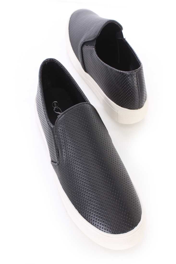 Black White Perforated Loafer Sneaker Flats Faux Leather