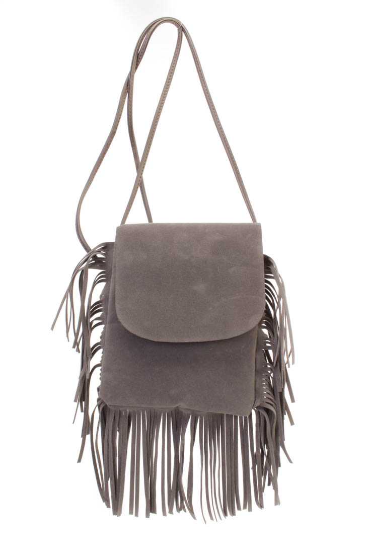 Grey Faux Suede Fringe Trim Cross Body Handbag