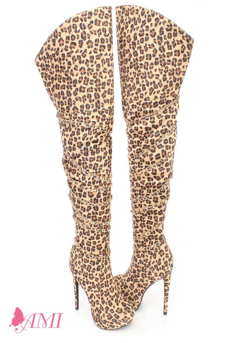 Leopard Stitched Chain Strappy Thigh High Heel Boots Faux Suede