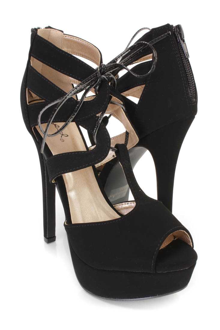 Blacke Lace Up Peep Toe Platform High Heels Nubuck