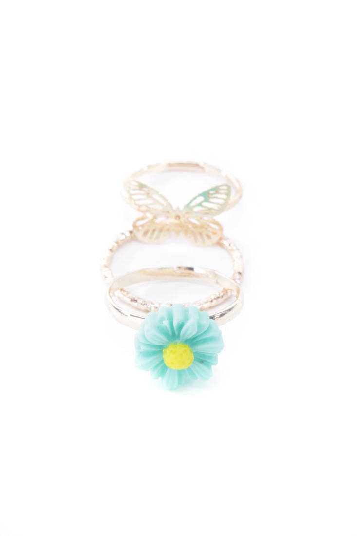 Mint High Polish Metal Acrylic Flower Ring Set