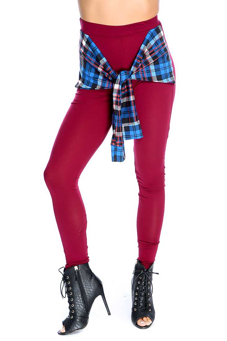 Wine Plaid Attached Tied Sleeves High Waist Leggings