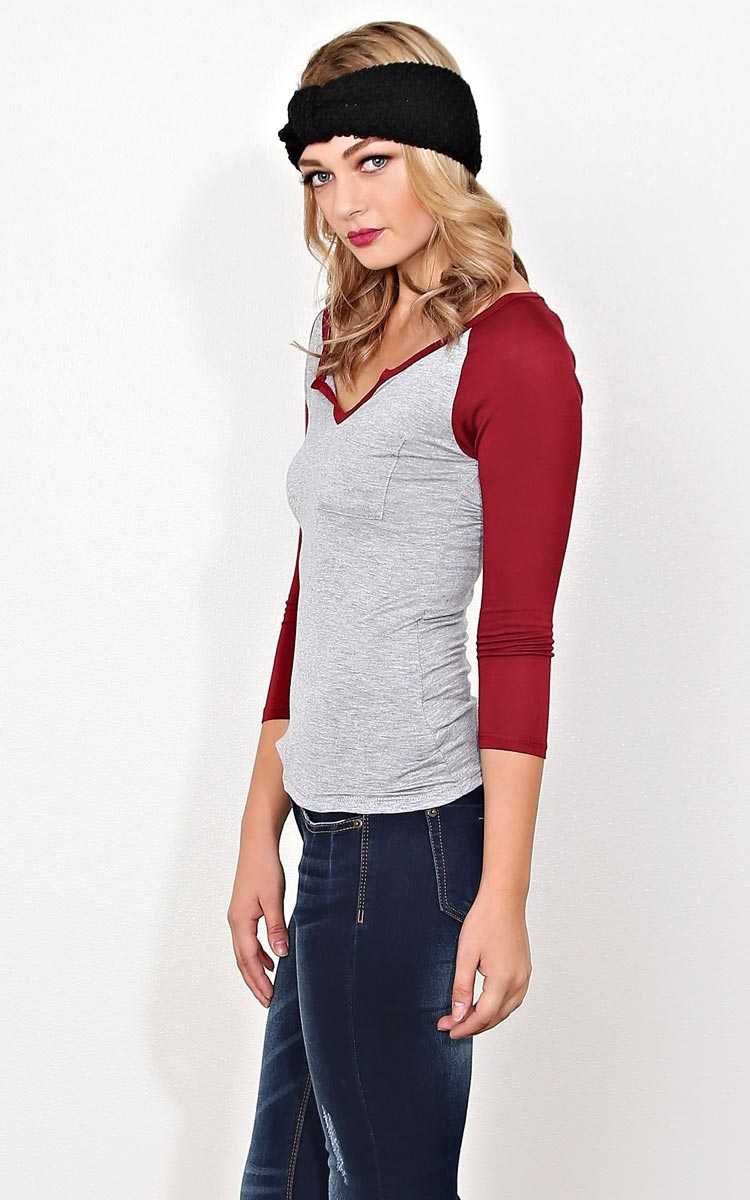 Burgundy Henley Neck Raglan - - Wine Combo in Size by Styles For Less