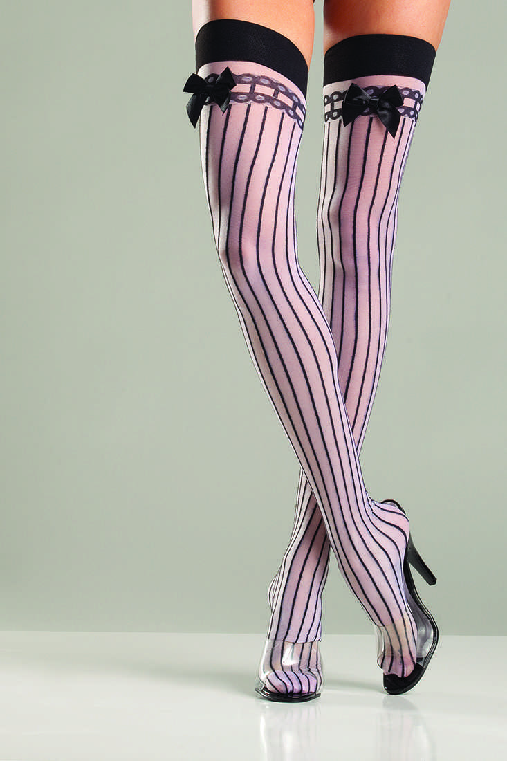 White Black Vertical Stripe Satin Bow Stockings