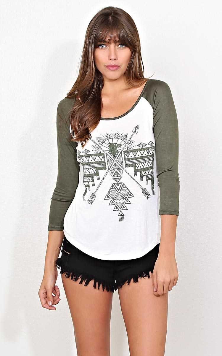 Stacked Tribal Knit Raglan - LGE - Olive Combo in Size Large by Styles For Less