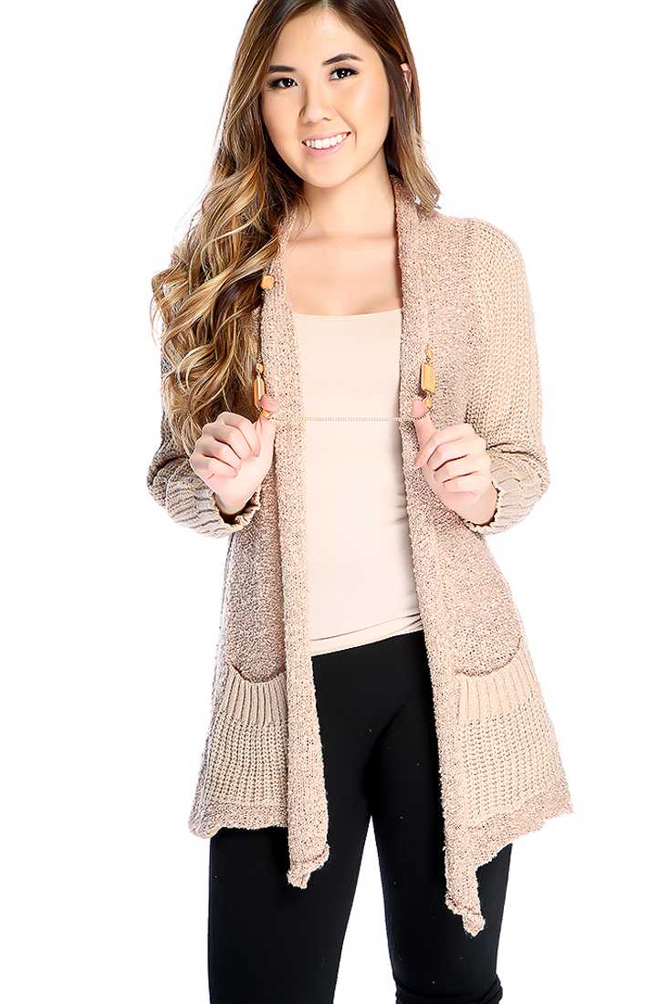 Tan Long Sleeve Textured Knit Causal Open Front Sweater
