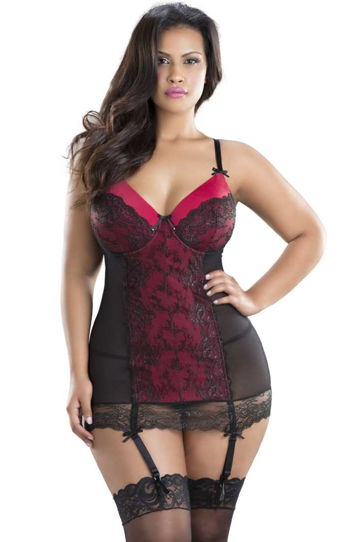 Black Red Lace Plus Size Two Tone Baby Doll Lingerie 2Pc. Set