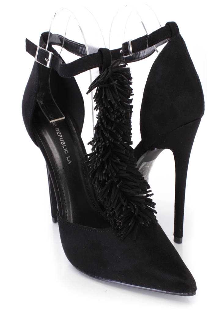 Black Fringe T-strap Single Sole Heels Faux Suede
