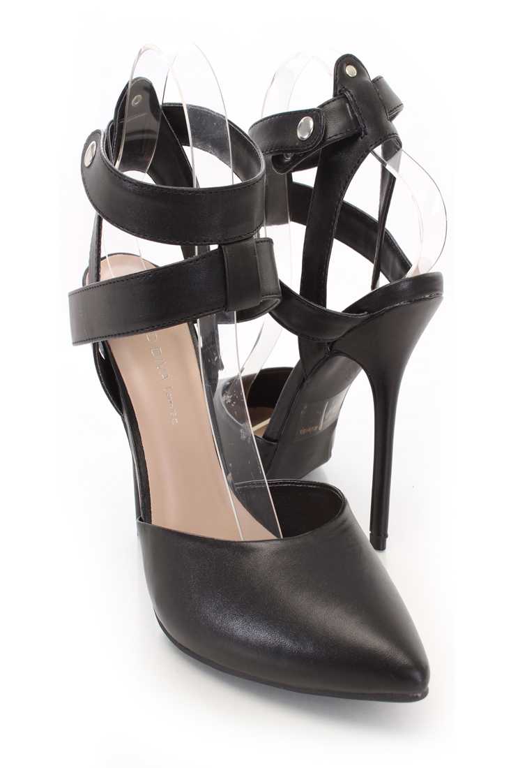 Black Ankle Strap Pointy Toe Flat Sole Heels