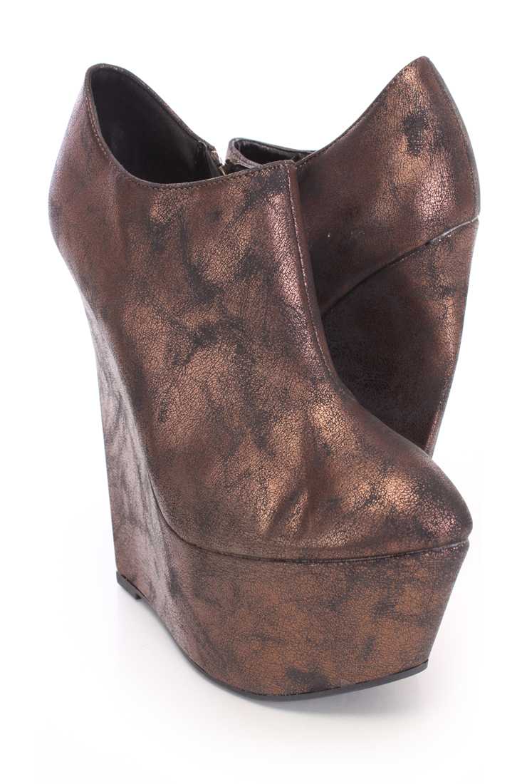 Bronze Semi-Pointed Wedges Distressed Faux Leather
